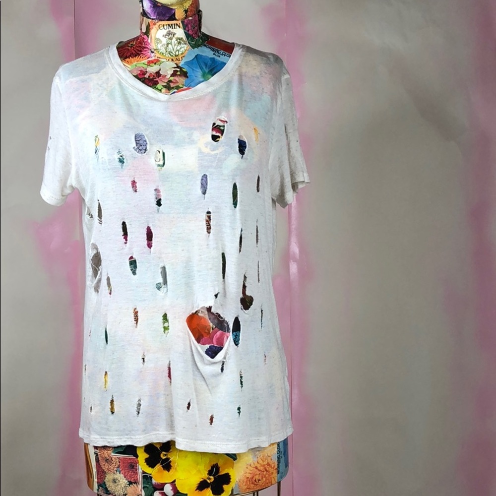 REVOLVE LNA White Distressed Tee Holes Ripped Shirred